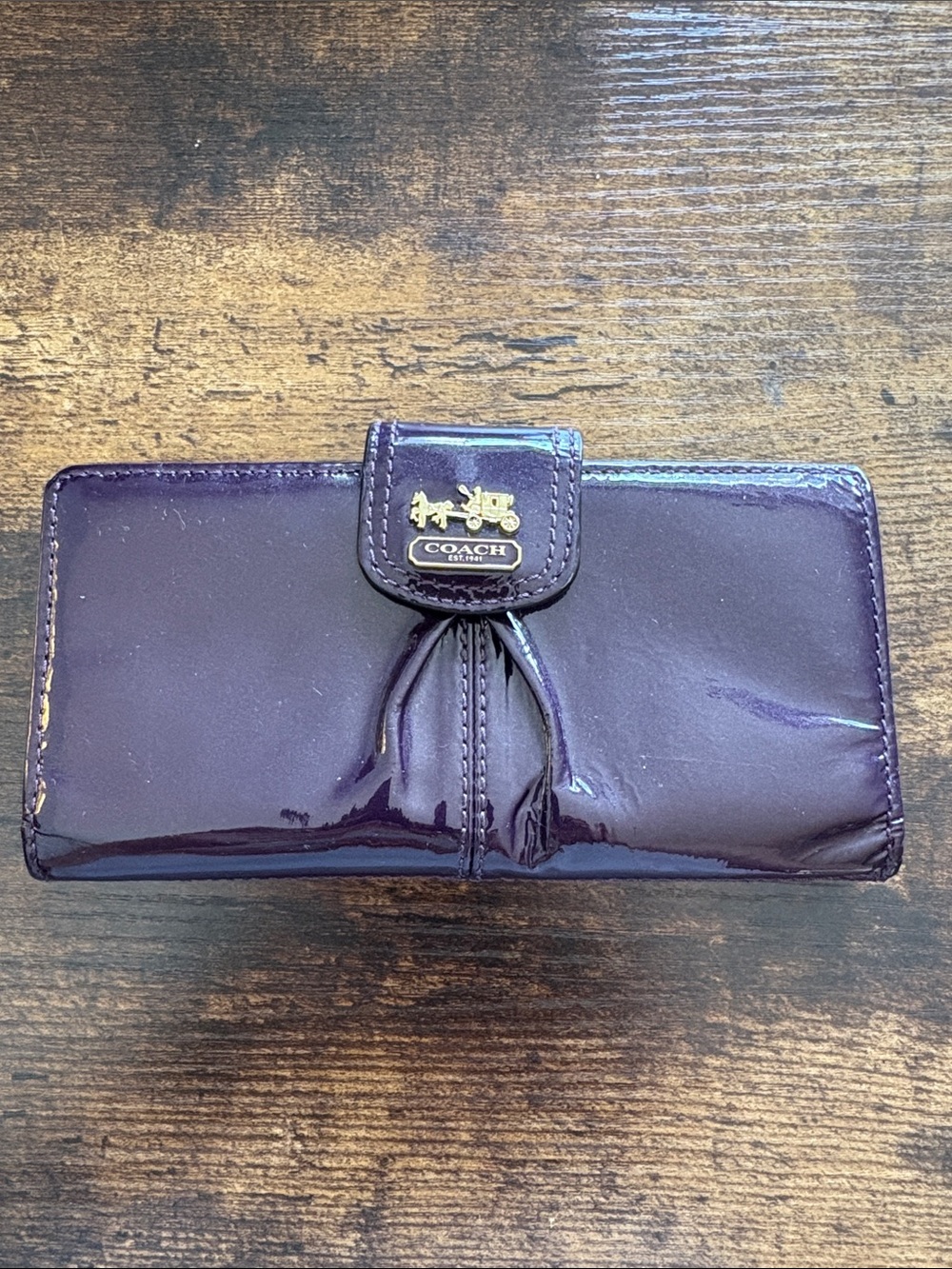 Coach Shiny Plum Patent Leather Continental Wallet with Gold Logo